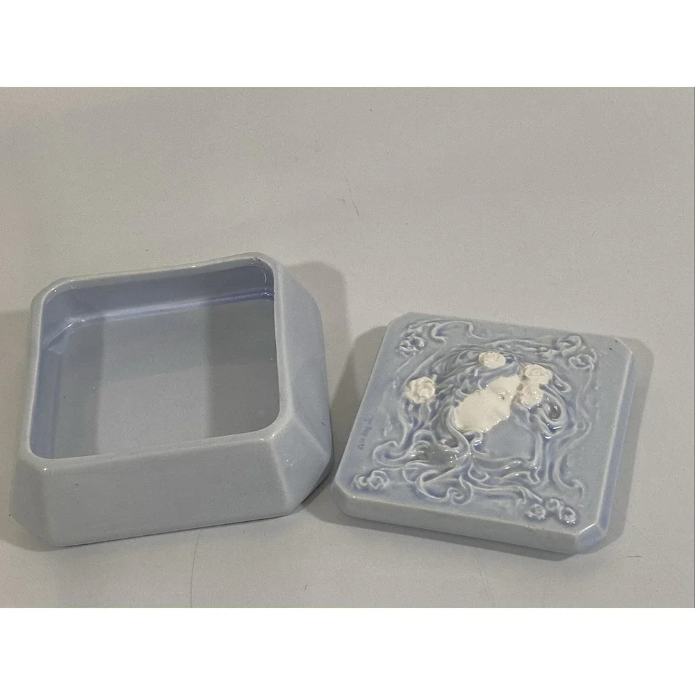 Vintage Pastel Blue Andreoli Art Nouveau Ladies Head Lidded Trinket Dish